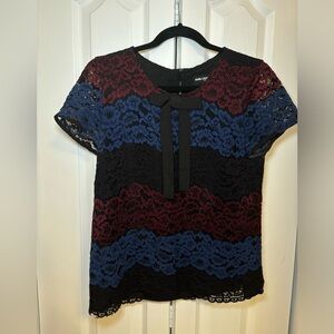 Karl Lagerfeld - Short Sleeve Business Casual Burgundy and Navy Lace Blouse
